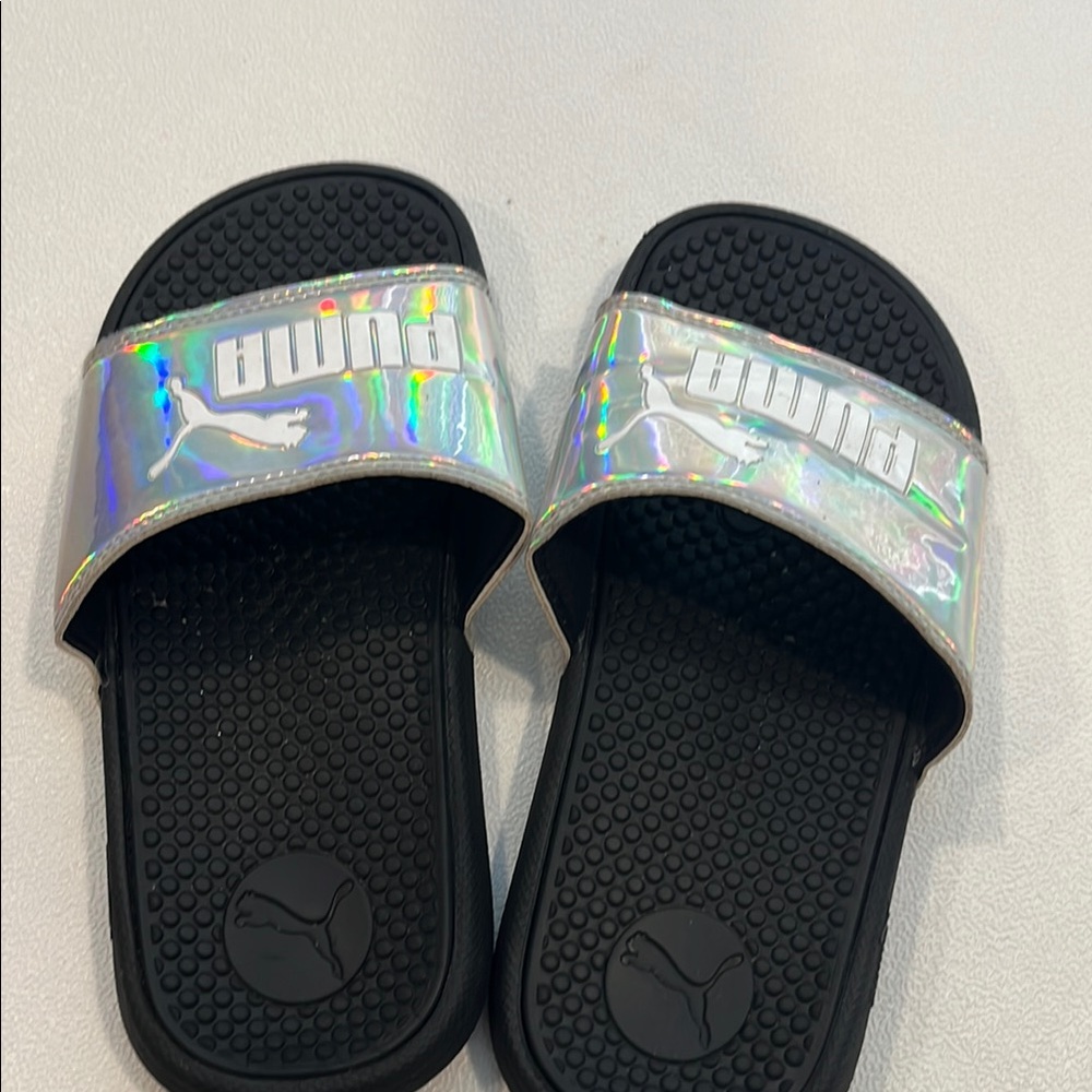 Puma Silver and Black Slide Sandals with Holographic Strap